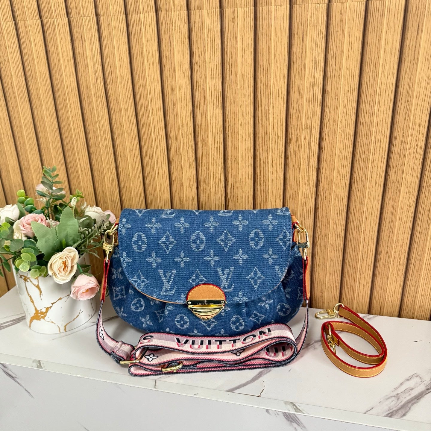 Vintage Print Gold-Lock Flap Saddle Bag