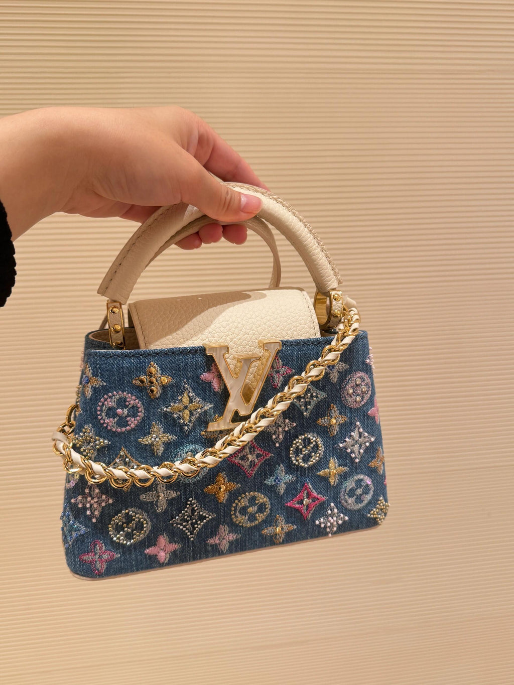 Luxury Denim Embellished Capucines Mini Bag