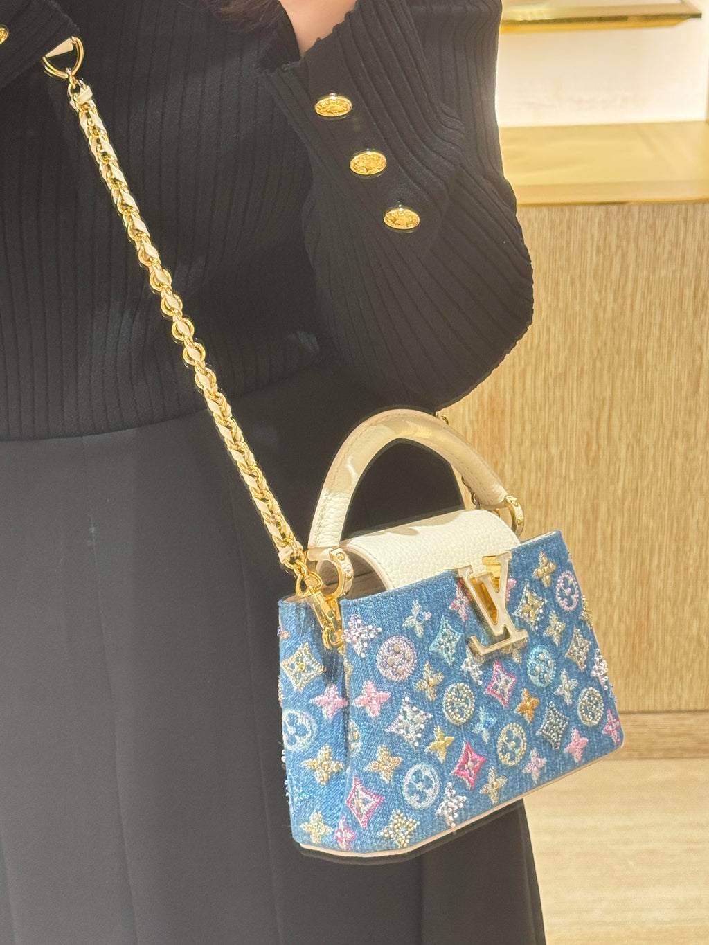 Luxury Denim Embellished Capucines Mini Bag