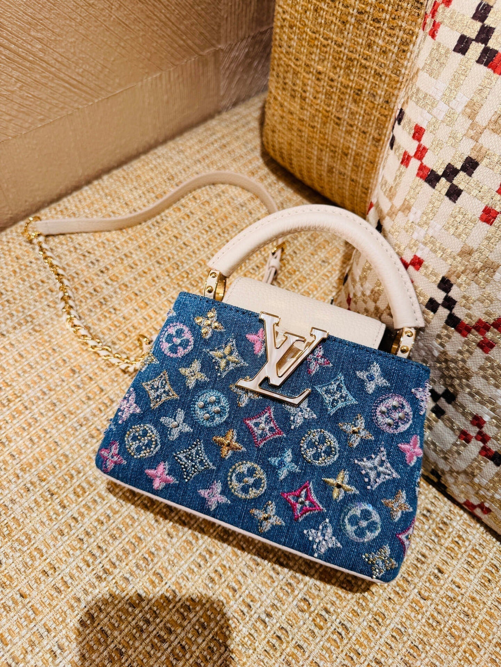 Luxury Denim Embellished Capucines Mini Bag