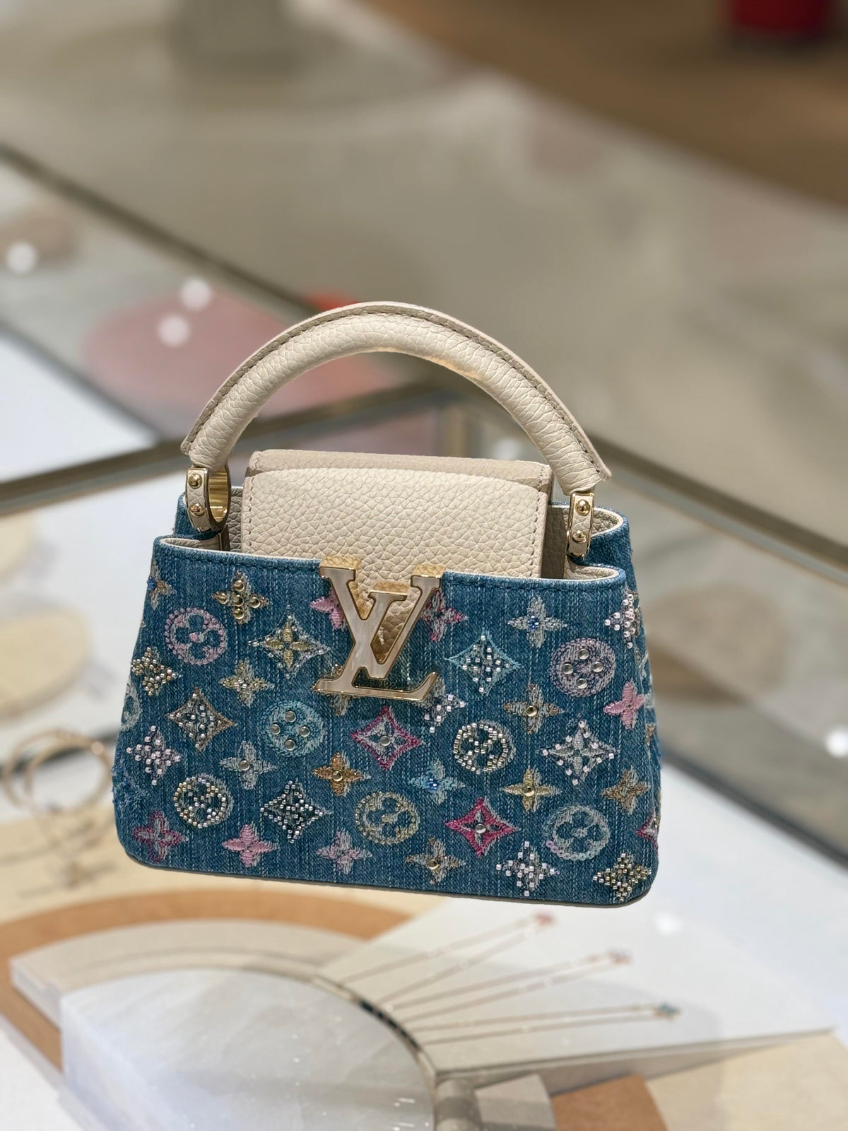 Luxury Denim Embellished Capucines Mini Bag