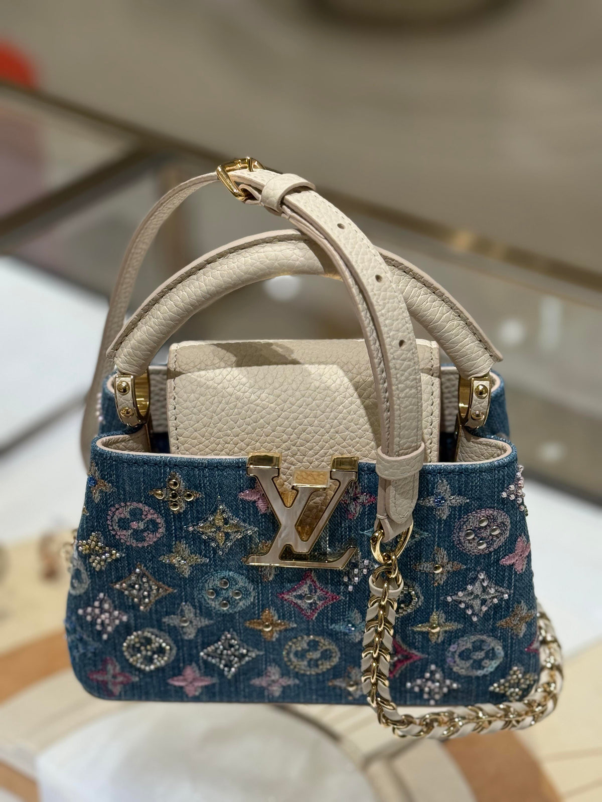 Luxury Denim Embellished Capucines Mini Bag