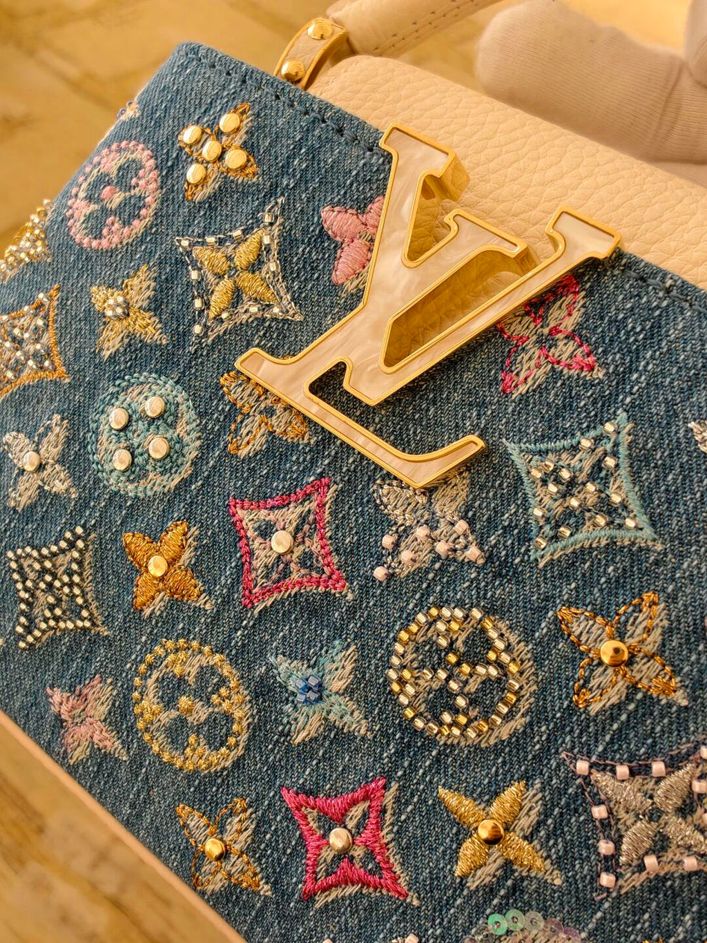 Luxury Denim Embellished Capucines Mini Bag