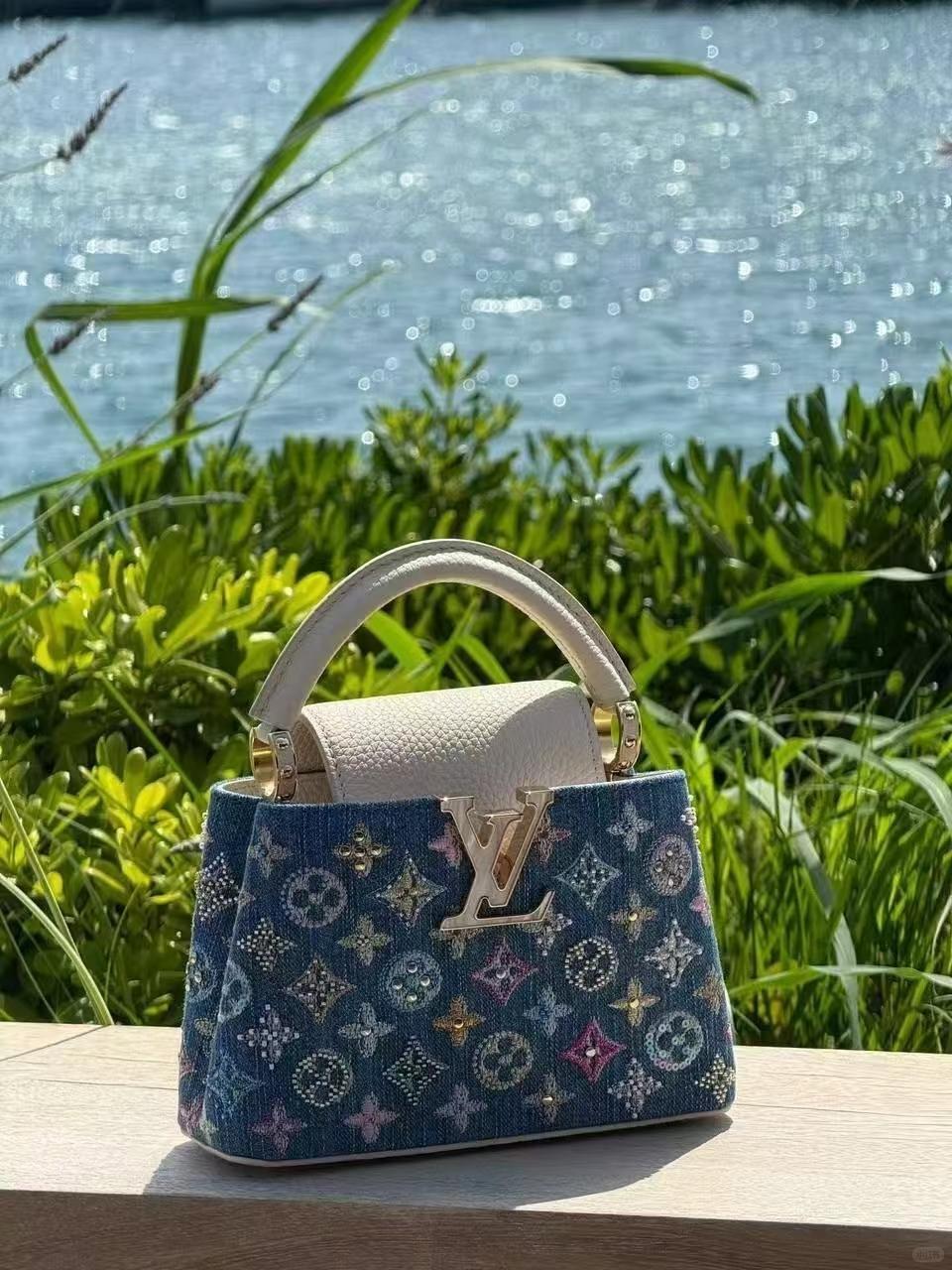 Luxury Denim Embellished Capucines Mini Bag