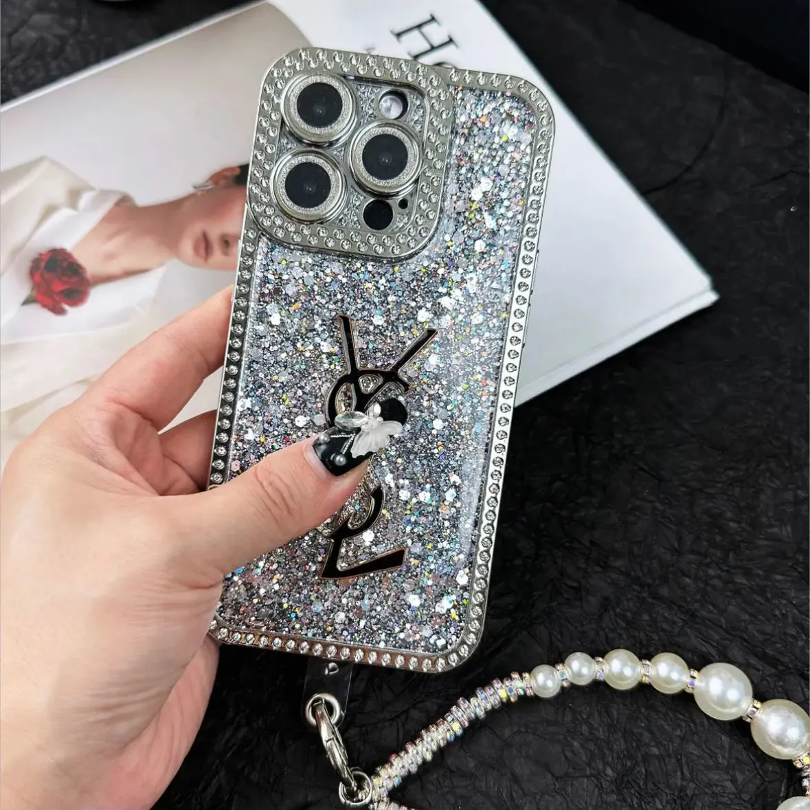 Luxury Glitter Holographic Y - S - L-Inspired iPhone Case – Diamond Shine Edition