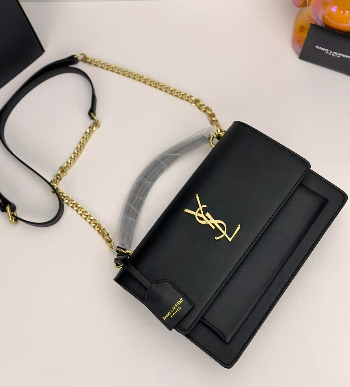 Elegant Gold-Chain Structured Leather Shoulder Bag